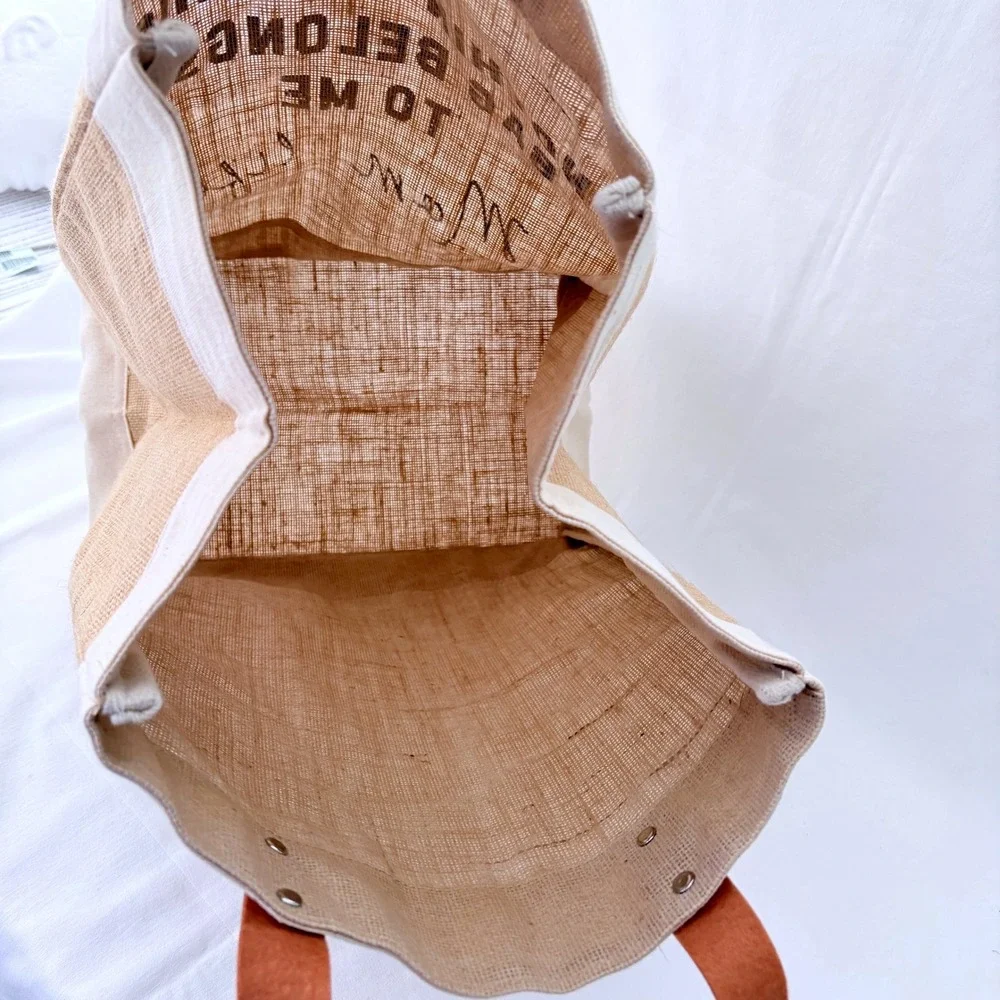 Mom Life Burlap Jute Large Tote Bag Large Tan Faux Leather Straps